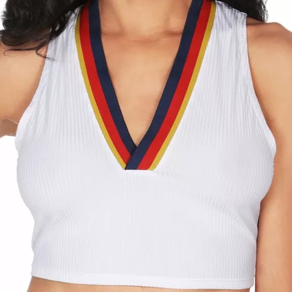 NWT Sperry Ribbed Blue Red Yellow Stripes V neck Swim/Sports CROP TOP, Medium - Picture 1 of 9